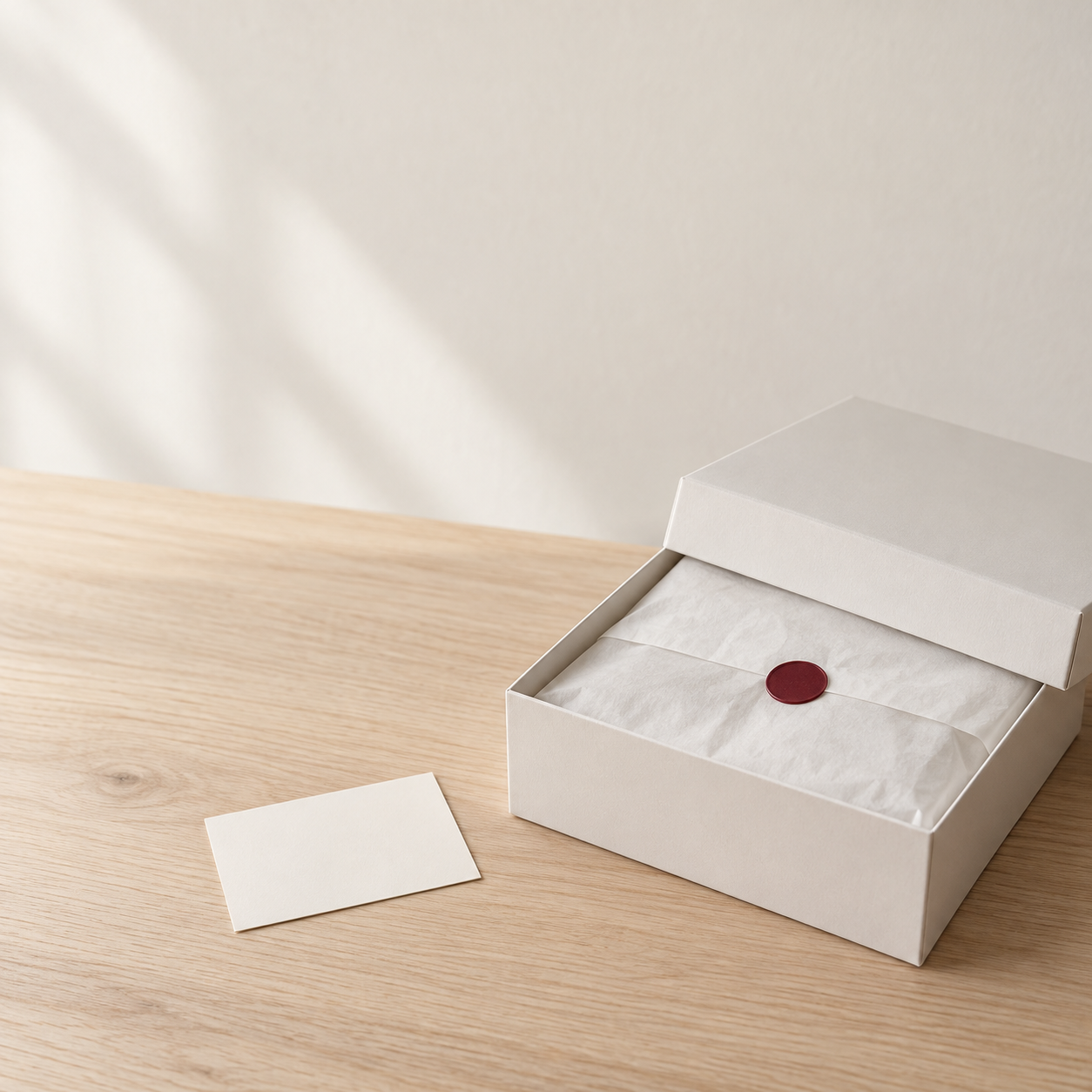 Caixa de presente branca com papel de seda e lacre vinho sobre madeira clara.